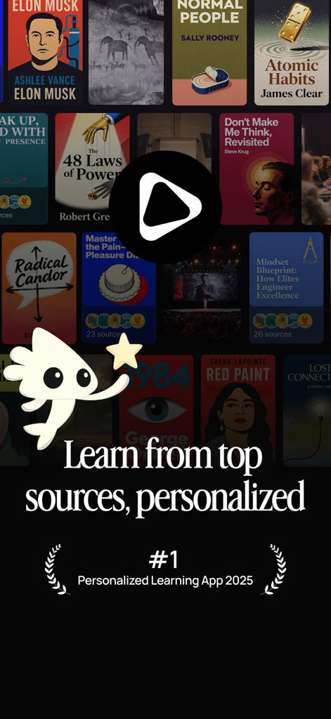 A collage of popular book covers like Atomic Habits and Elon Musk within the BeFreed app interface with the text Learn from top sources personalized.