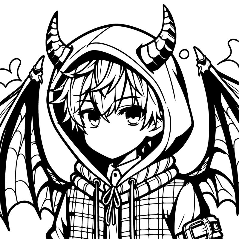 cool anime boy with dragon wings and horns in a hoodie