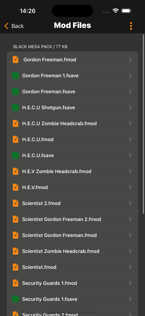 Fruit Mods for Fruit PG! - A list of available fmod and fsave files in the Fruit Mods app including Gordon Freeman and HECU themed items from the Black Mesa Pack.