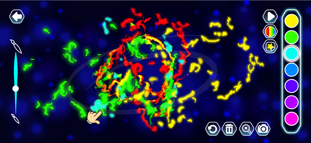 Kids drawing app interface showing colorful neon glow doodles and a brush tool palette