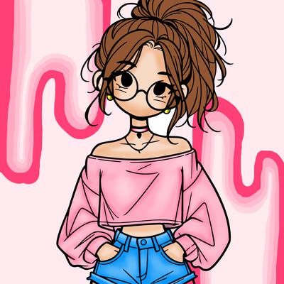 girl with a messy ponytail glasses a baggy crop top and jean shorts