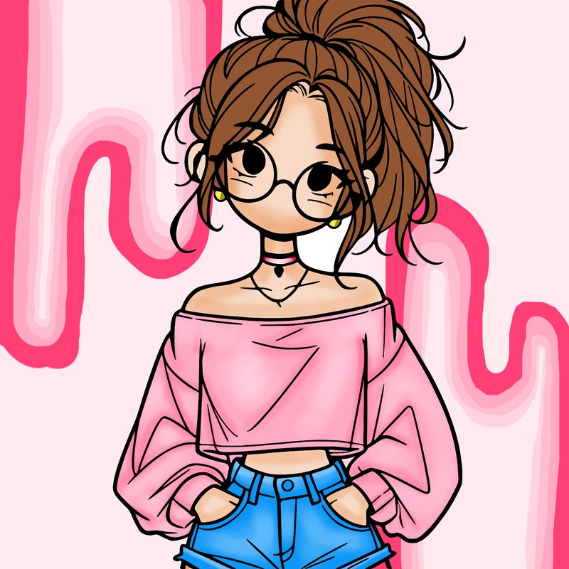 girl with a messy ponytail glasses a baggy crop top and jean shorts