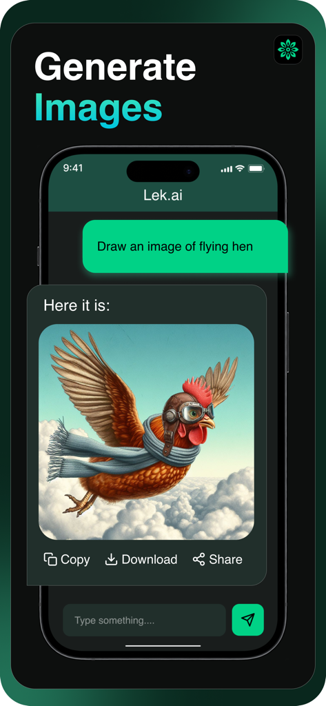 AI Writer Assistant - Lek - Lek AI Writer app interface showing a generated image of a flying hen wearing goggles and a scarf