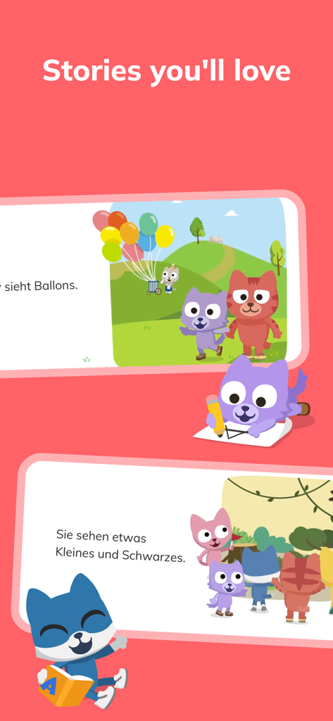 アニメの猫が登場するドイツ語の物語を読んだり、インタラクションしたりする子供たち。