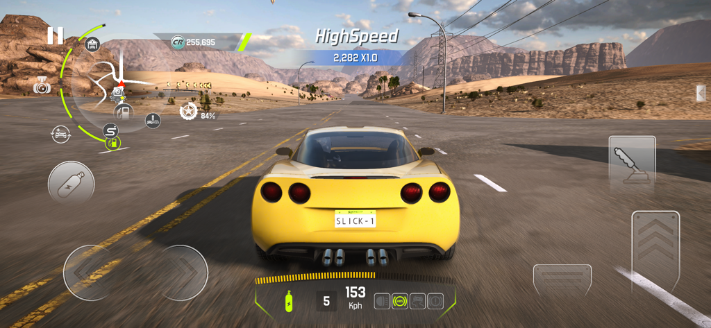 SlickTires Racing - A yellow sports car driving at high speed on a desert highway with realistic graphics in SlickTires Racing.