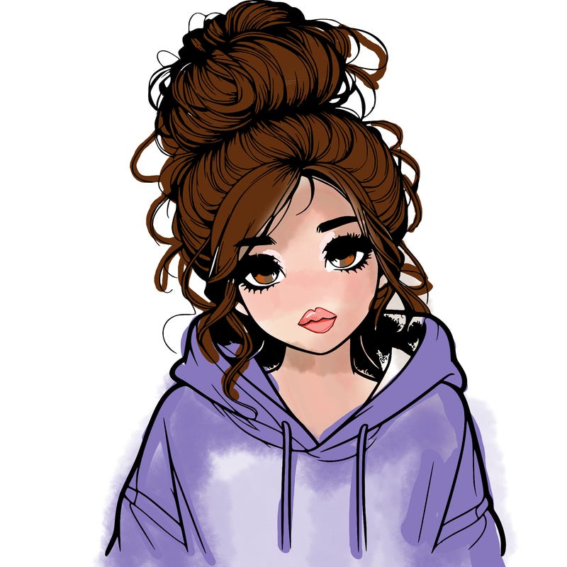realistic girl with a massy bun and a hoodie