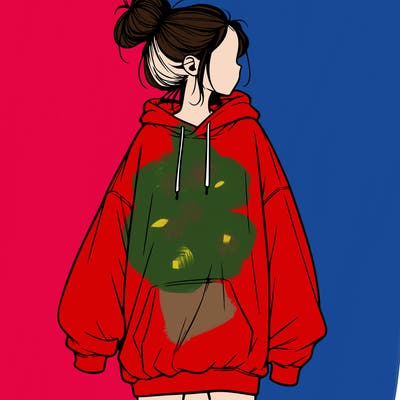 realistic girl with a oversized sweatshirt on and a bun