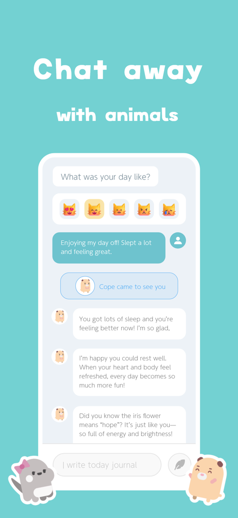 Chat Journal - Self care mind - A chat interface showing a supportive conversation between a user and a cute cartoon animal character in the Chat Journal app.