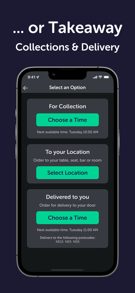 Dines - Mobile Ordering - Dines app selection screen for takeaway collection and delivery