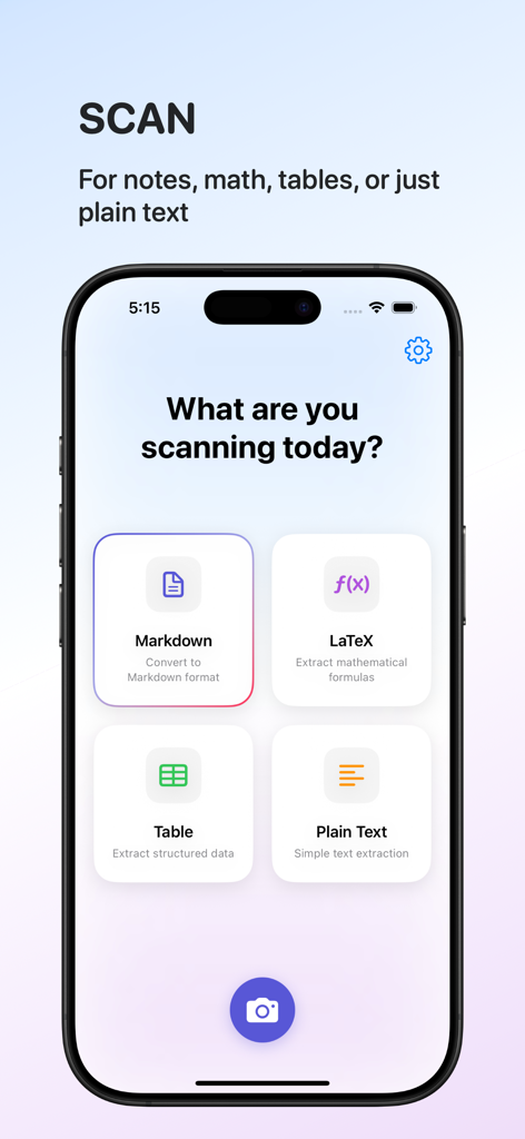 Scan.AI - AI Scan & Format - Scan AI app interface displaying scanning options for Markdown, LaTeX, tables, and plain text.