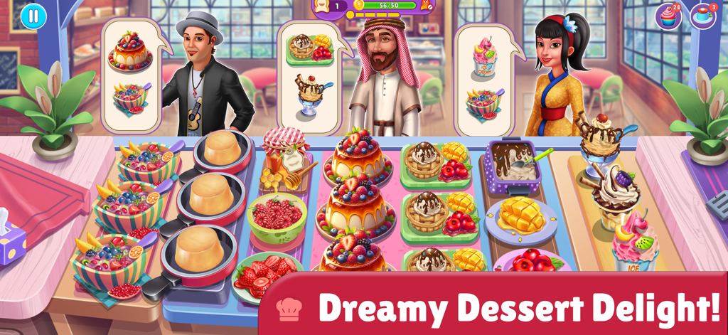 Cooking Utopia Restaurant Chef - Clientes internacionales pidiendo varios postres en un colorido juego de simulación de restaurantes