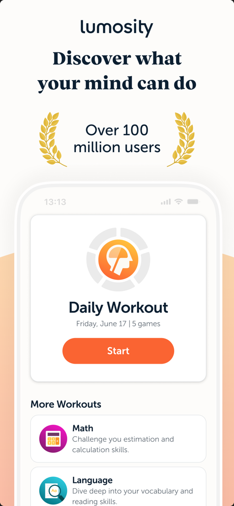 Lumosity: Brain Training Games - Pantalla de inicio de la aplicación Lumosity que muestra un ejercicio cerebral diario y categorías de juegos cognitivos