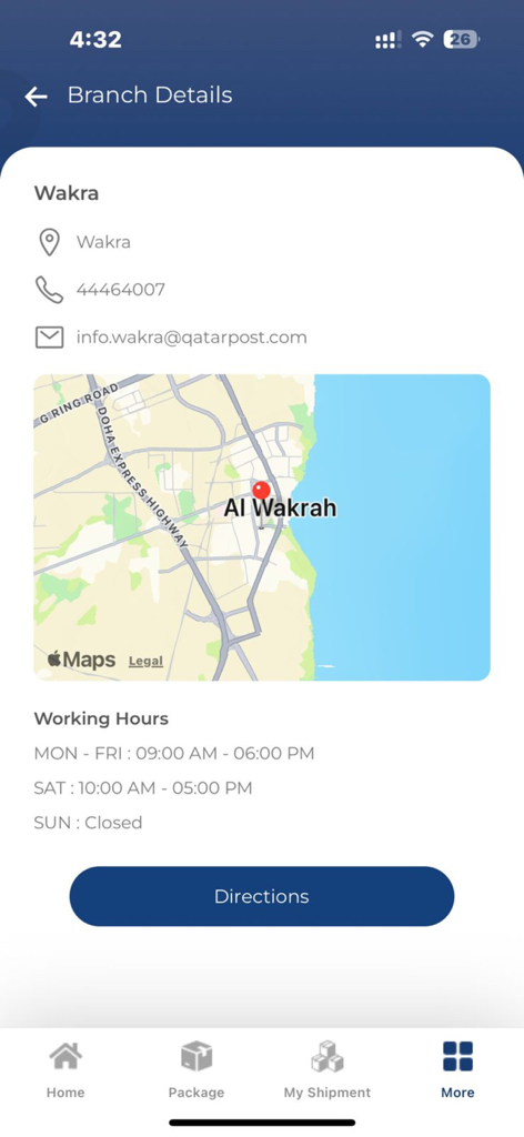 Interface do aplicativo QatarPost mostrando detalhes da agência de Al Wakrah com informações de contato e mapa