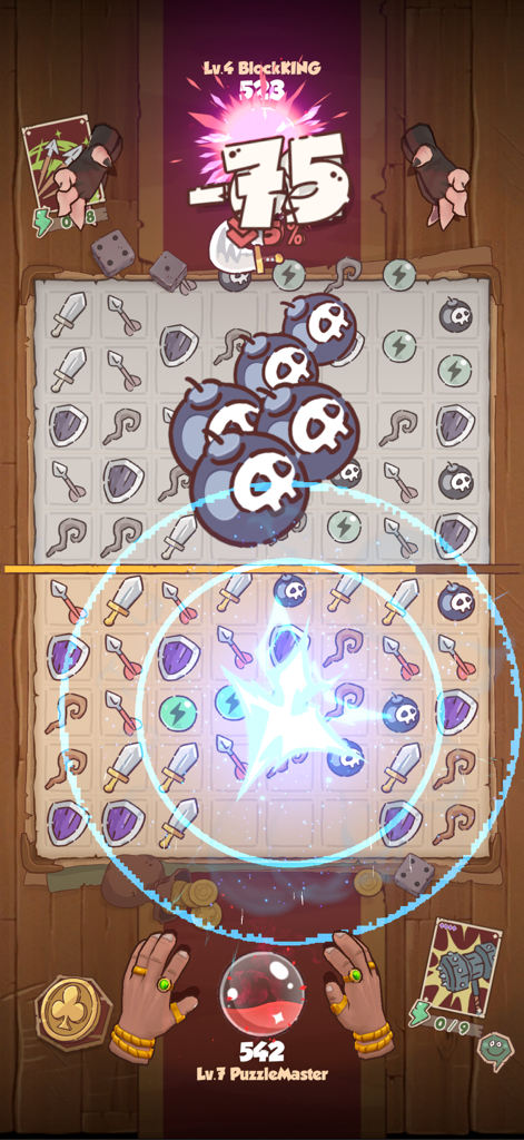 League of Puzzle - A real-time PVP puzzle match in League of Puzzle showing player boards with weapon and bomb icons during a competitive battle