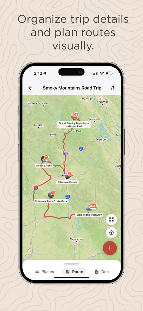 Wander: Maps & Navigation - Wander app screen showing a visual route map for a Smoky Mountains road trip with multiple pinned stops