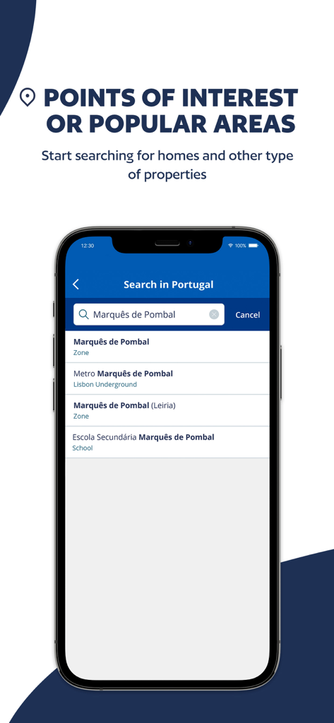 SUPERCASA - Search screen in the Supercasa app showing popular areas and points of interest in Portugal.