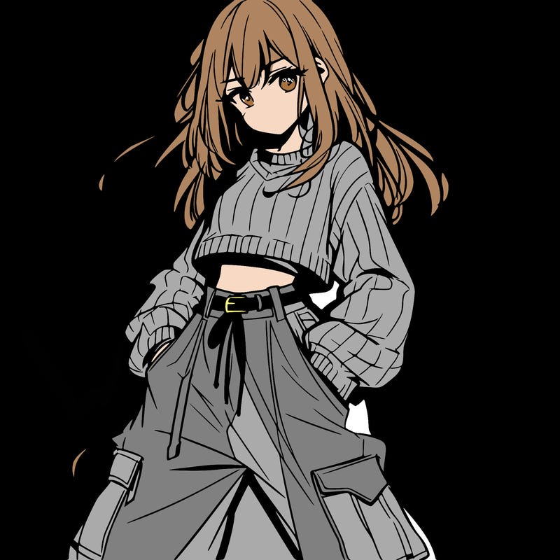 anime teen girl with baggy pants and crop top with sweater