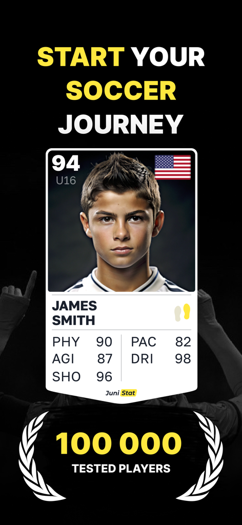 JuniStat - Smart Soccer Tests - A digital soccer player card from JuniStat displaying an athlete's skills ratings and performance stats.