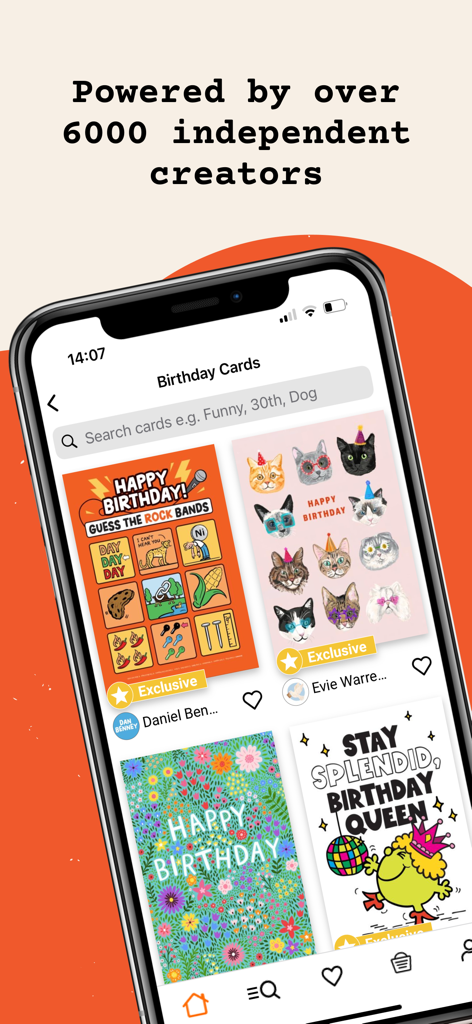 The thortful app displaying a variety of unique birthday card designs by independent creators.