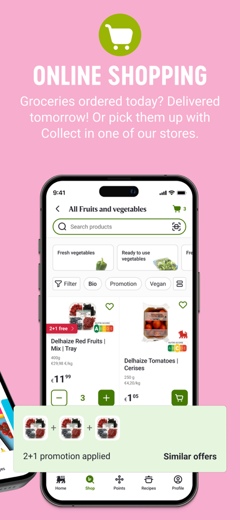 My Delhaize - Pantalla de la app móvil Mi Delhaize mostrando funciones de compra de comestibles en línea y promociones