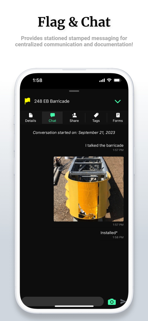 OnStation - Digital Stationing - OnStation app interface showing the Flag and Chat feature with a project conversation and shared photo of a construction barricade