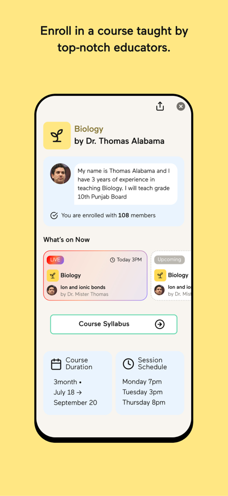 Schermata dell'app Noon Academy che mostra i dettagli del corso di Biologia, inclusa la biografia dell'insegnante e i programmi delle lezioni live