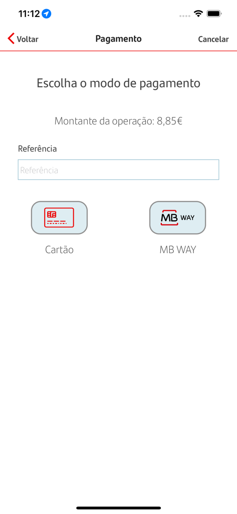 Get Mini - Selection screen for card and MB WAY payments in the Get Mini app