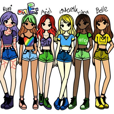 a group of girls wearing crop tops and shorts