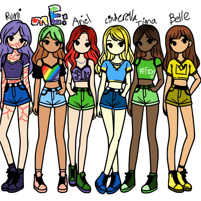 a group of girls wearing crop tops and shorts