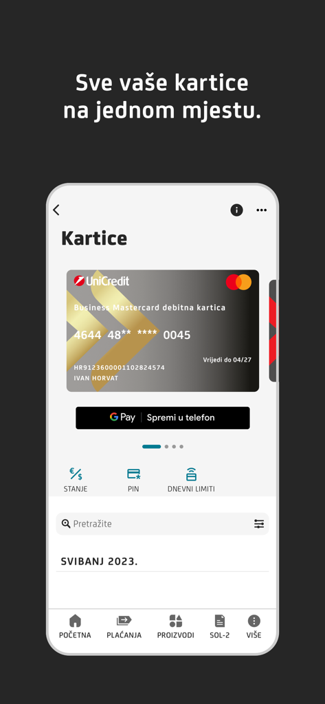Business debit card management interface in the m-zaba mobile app showing a Mastercard with PIN and limit settings.