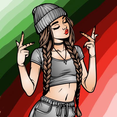realistic teenage girl with braids and a beanie and crop top doing 🫶🏼