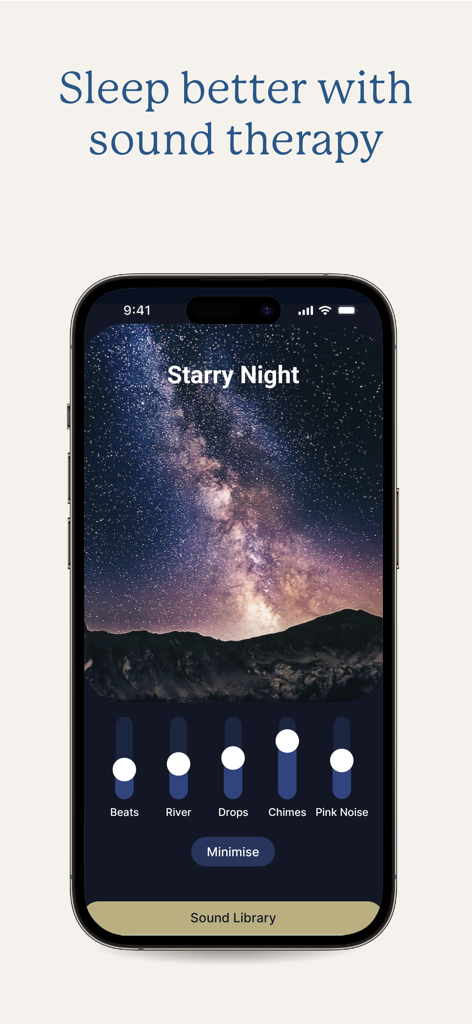 MindEar | Tinnitus Relief - MindEar app interface showing a sound therapy mixer with customizable sliders for river and pink noise under a starry night background
