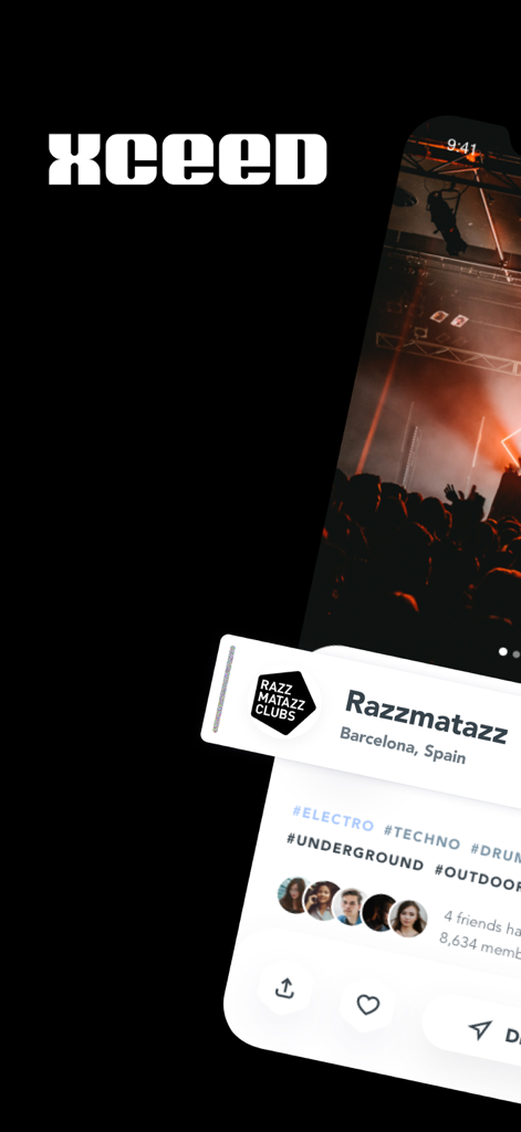 Interfaz de la app Xceed mostrando detalles del evento para el club Razzmatazz en Barcelona