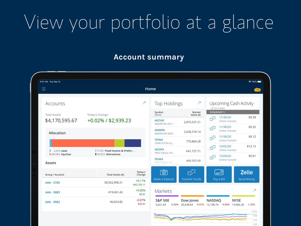 Morgan Stanley Wealth – Tablet - Morgan Stanley Wealth iPad app showing a portfolio summary dashboard with asset allocation and market data