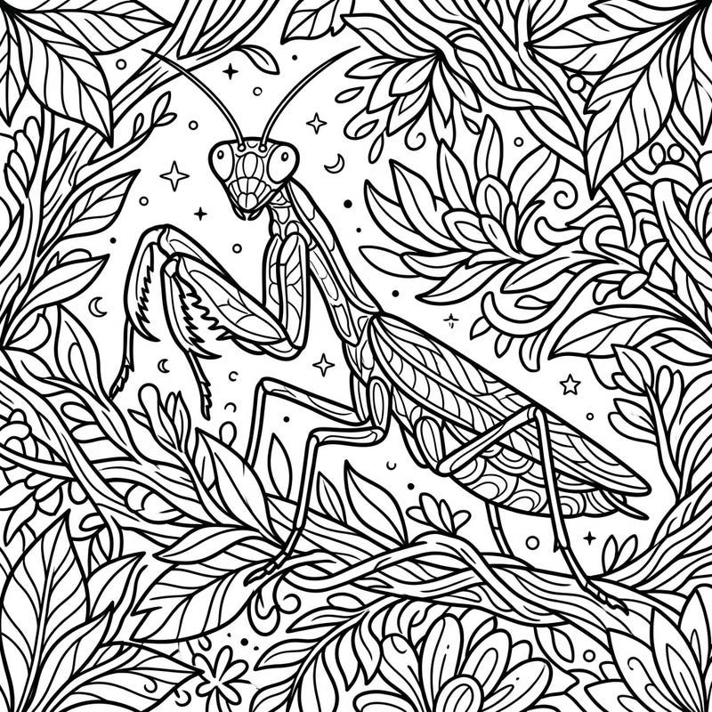 Discover the serene beauty of the praying mantis with this specially designed coloring page for seniors. Its clear, bold outlines and rich natural details offer both relaxation and engaging cognitive stimulation.