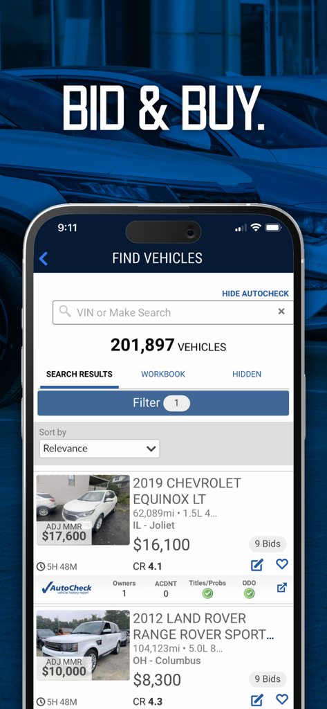 Manheim (Legacy) - Interfaz de búsqueda de vehículos de la aplicación Manheim Legacy que muestra listados de coches mayoristas y datos de precios
