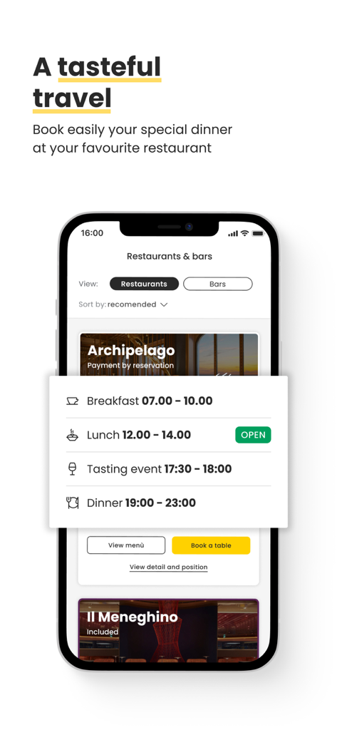 Costa Cruises - Schermata mobile dell'app Costa Cruises che mostra gli orari dei ristoranti e le opzioni di prenotazione dei tavoli.