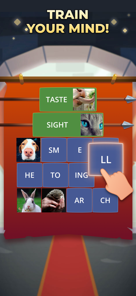 A hand dragging a letter tile to solve a word association puzzle featuring pictures of animals and the five senses in the Word Logic game.