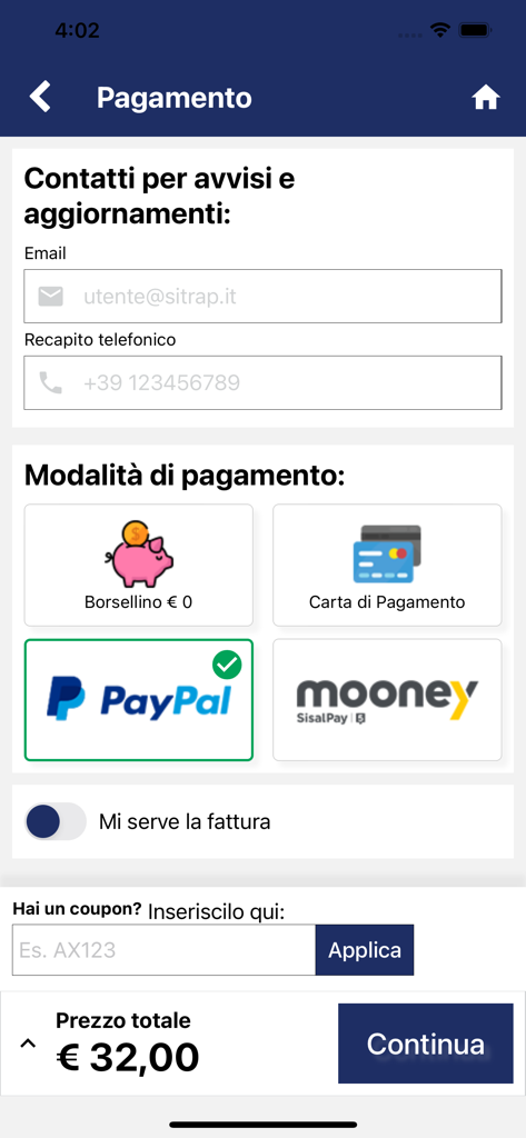 MyFederico - Payment checkout screen of the MyFederico app showing payment options including PayPal and credit card for a bus ticket