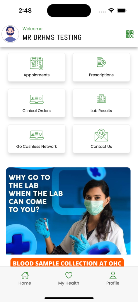 Dashboard principale dell'app MHealth plus che mostra servizi come appuntamenti, risultati di laboratorio e prescrizioni