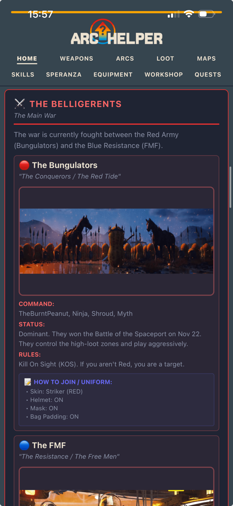 Arc Helper - Aplicación Arc Helper que muestra información sobre facciones del juego como The Bungulators con su estado de mando y requisitos de uniforme