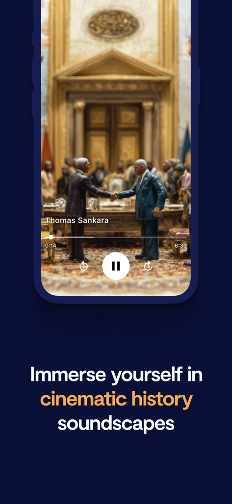 Epictok - Mobile phone screen displaying a cinematic history video of Thomas Sankara on the Epictok app