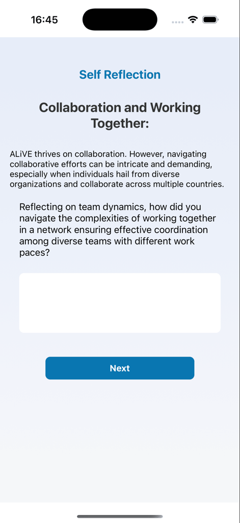 ALiVE CONNECT App - The self reflection screen of the ALiVE CONNECT App featuring a prompt about collaboration and team dynamics