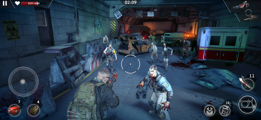Third person shooter gameplay showing a player character in tactical gear fighting zombies in an underground tunnel