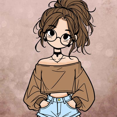 girl with a messy ponytail glasses a baggy crop top and jean shorts