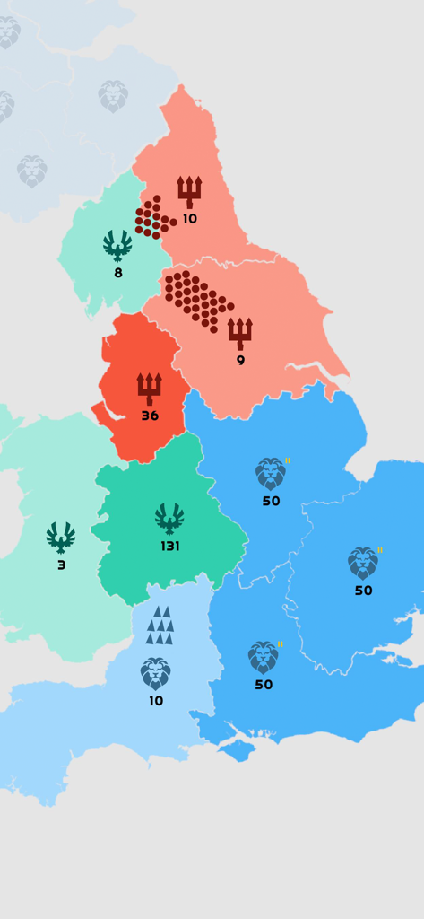 Mapa de estrategia minimalista que muestra varios territorios coloreados con números de tropas y símbolos en State.io