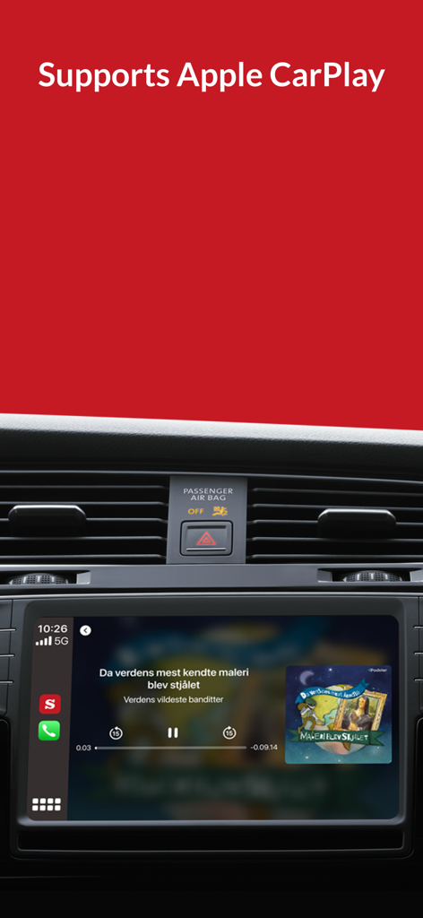 Saxo: Audiobooks & E-books - App Saxo che riproduce un audiolibro sul cruscotto di un'auto utilizzando Apple CarPlay