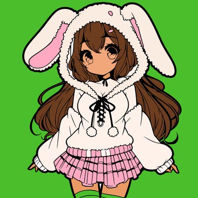 pretty anime girl wearing a fluffy hoodie with bunny ears on the hood and a skirt