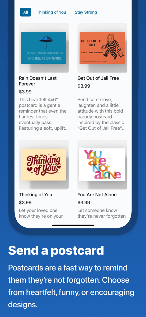 Mobile screen showing a selection of postcards to send to inmates including encouraging and funny designs