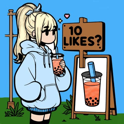 girl with oversized hoodie drinking boba and she has a high ponytail with a sign that says 10likes?